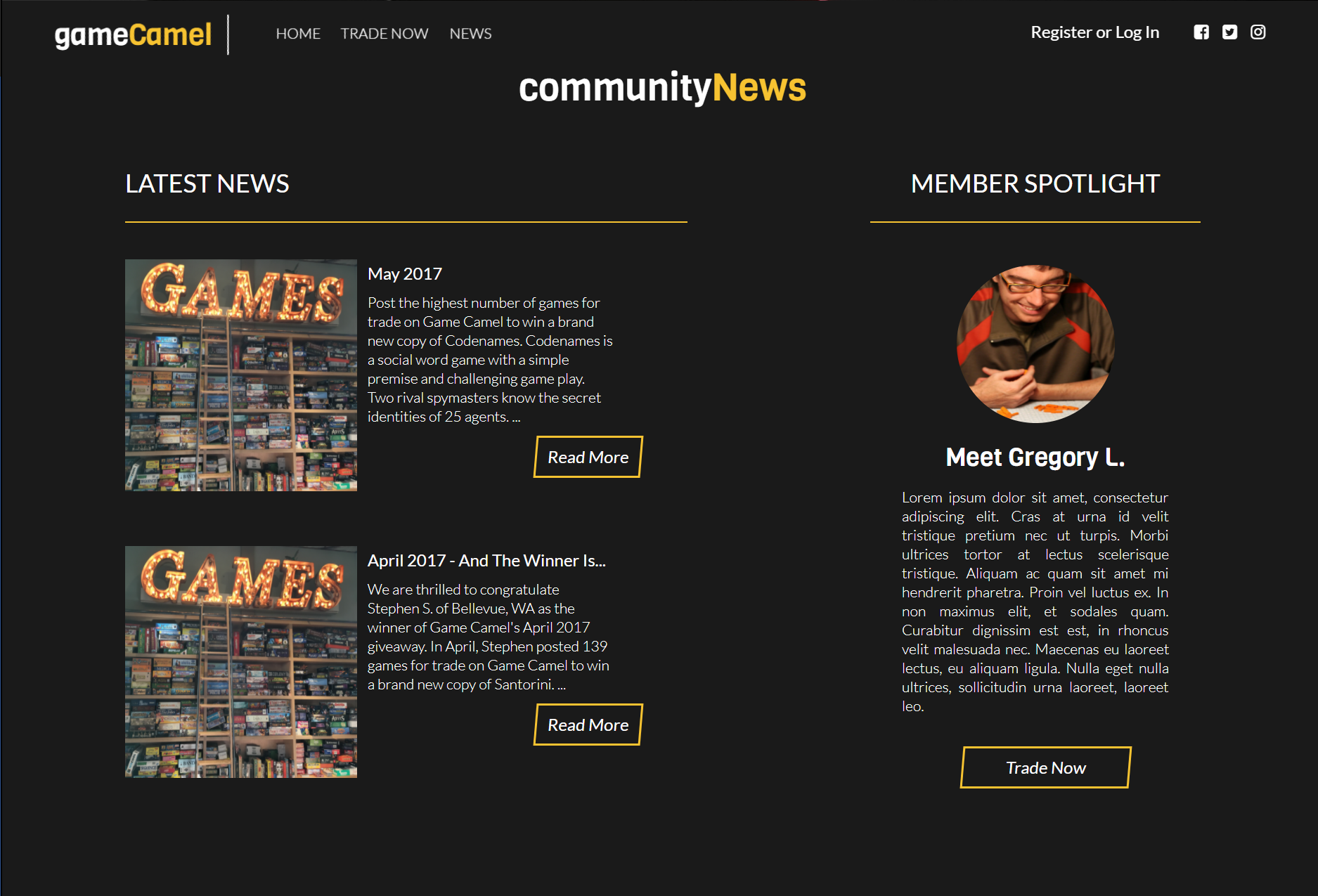Image of the desktop version of the GameCamel community section.