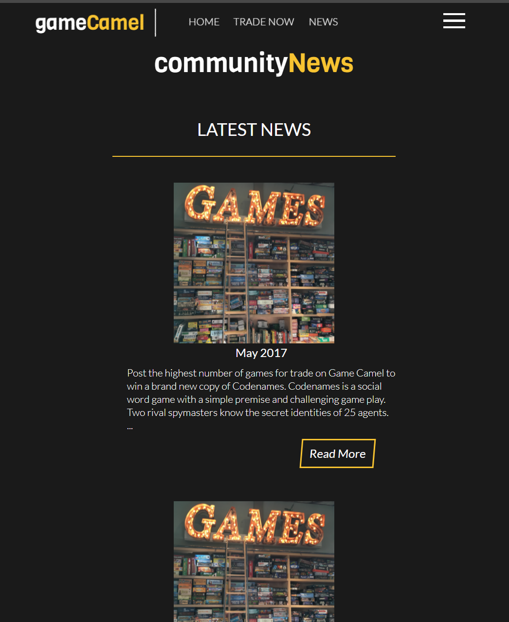 Image of the desktop version of the GameCamel mobile community section.