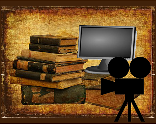 image of books, movie camera & computer screen