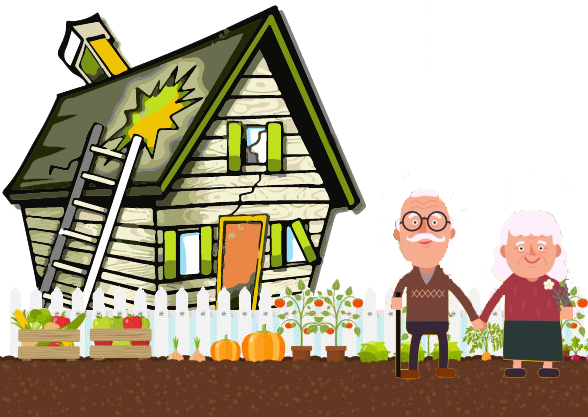 old couple in front of a shack with a vegetable garden