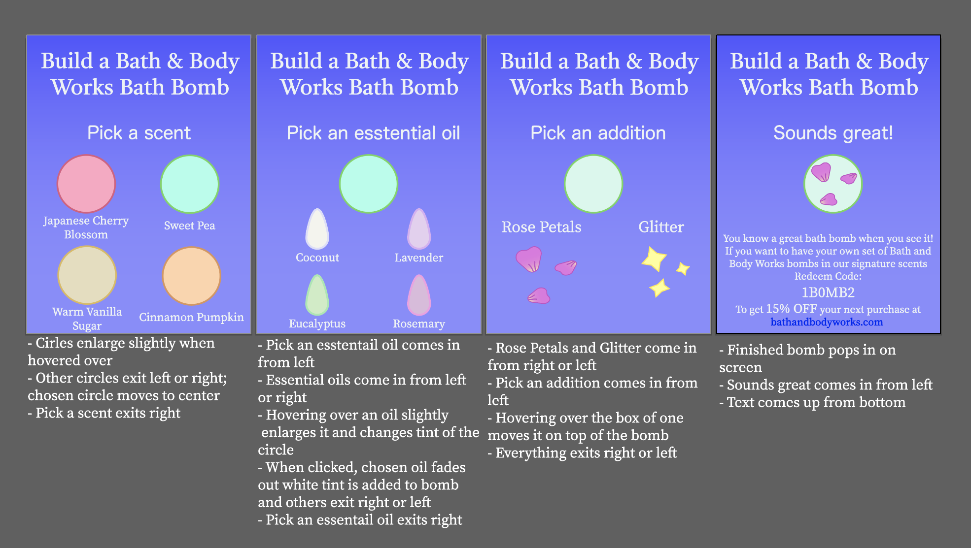 four illustrations with flat images of bath bombs, each progressively laying out additional customizations