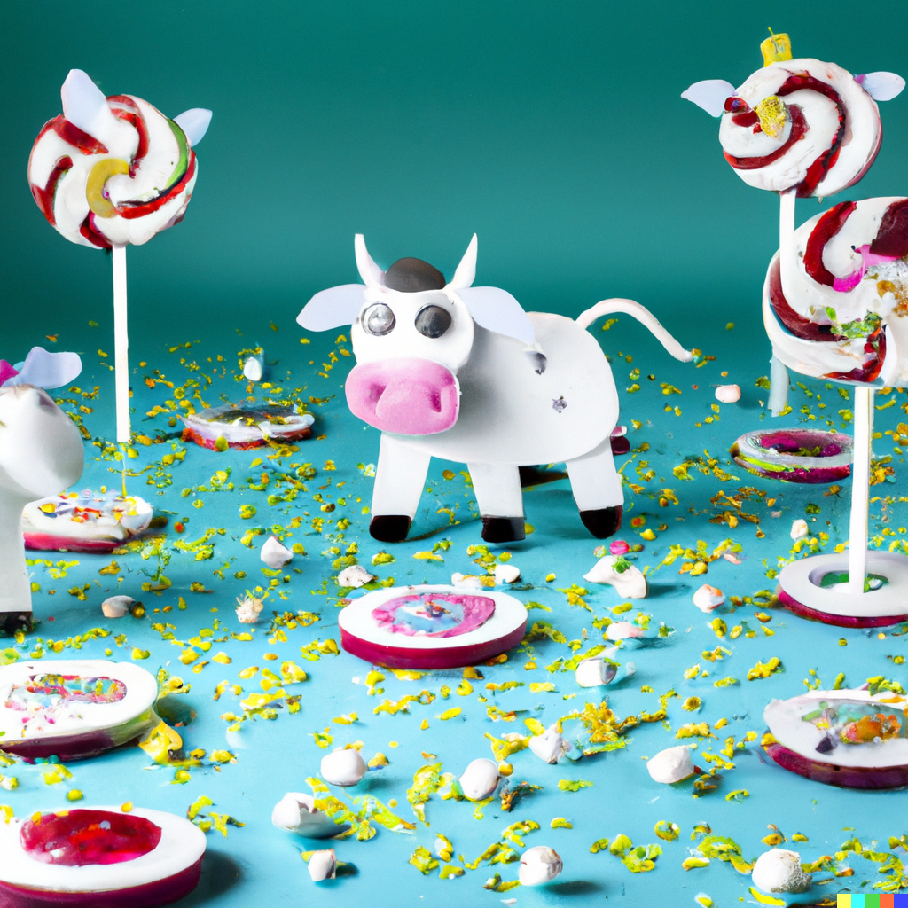 A candy cow standing on a table surrounded by candy, image generated by DALL-E.