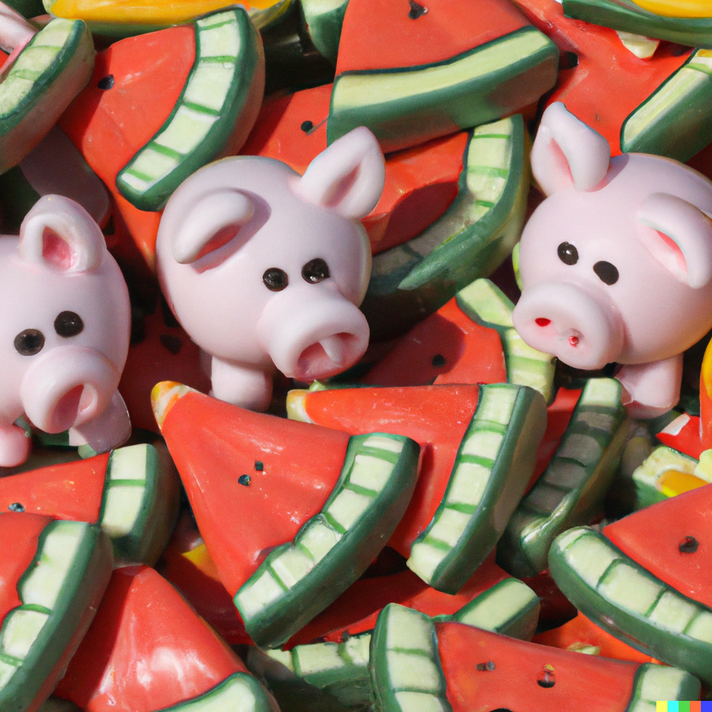 A pile of pig and watermelon candies, image generated by DALL-E.