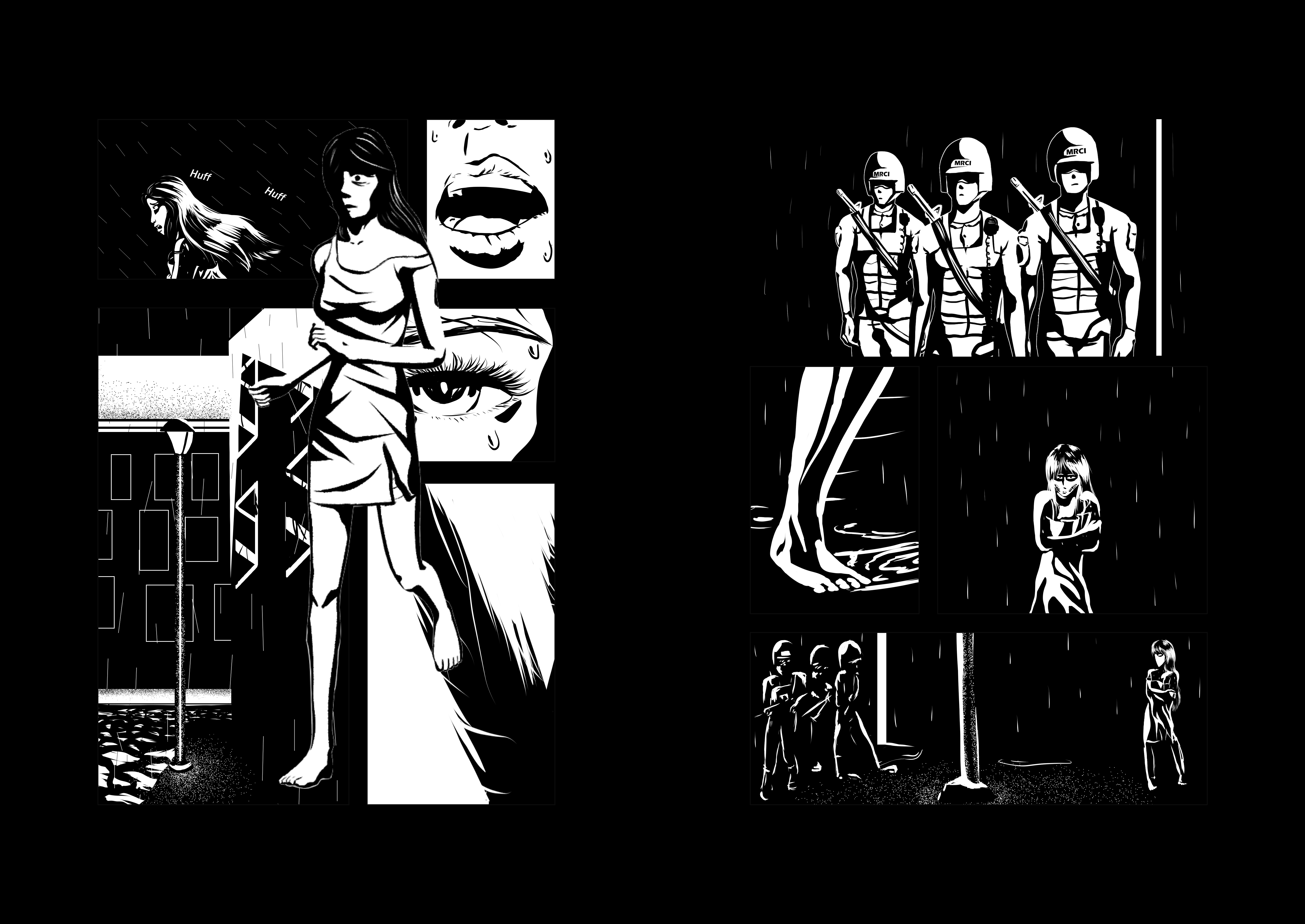 Comic Woman Running in Rain Meets Soldiers