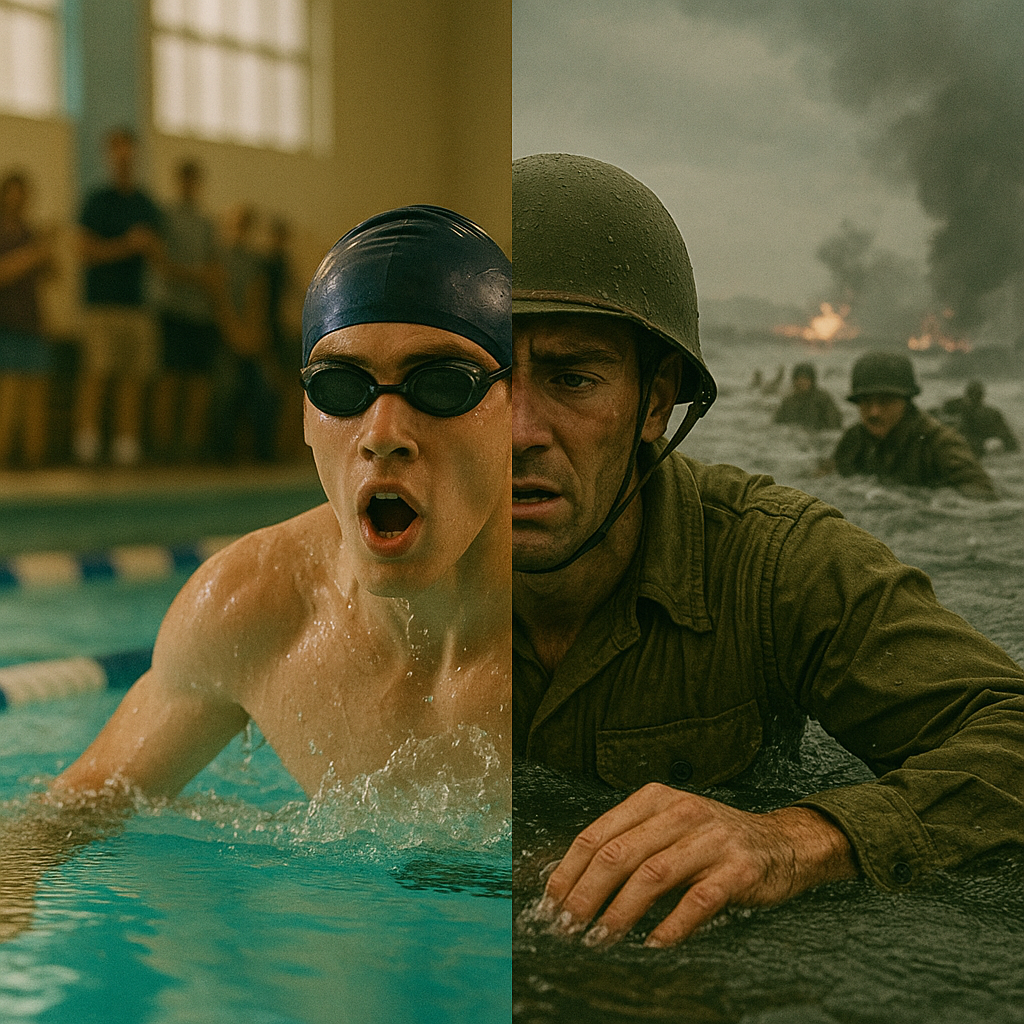Swimming competition contrasted with ocean invasion scene.