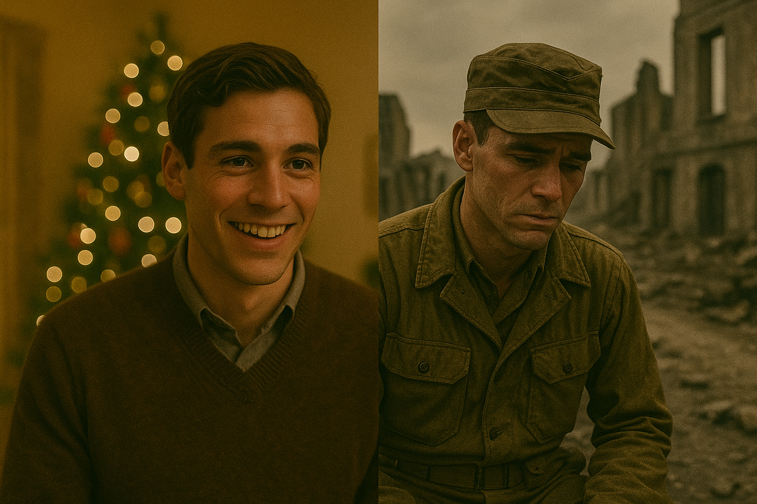 Christmas at home contrasted with sitting in war-torn ruins.