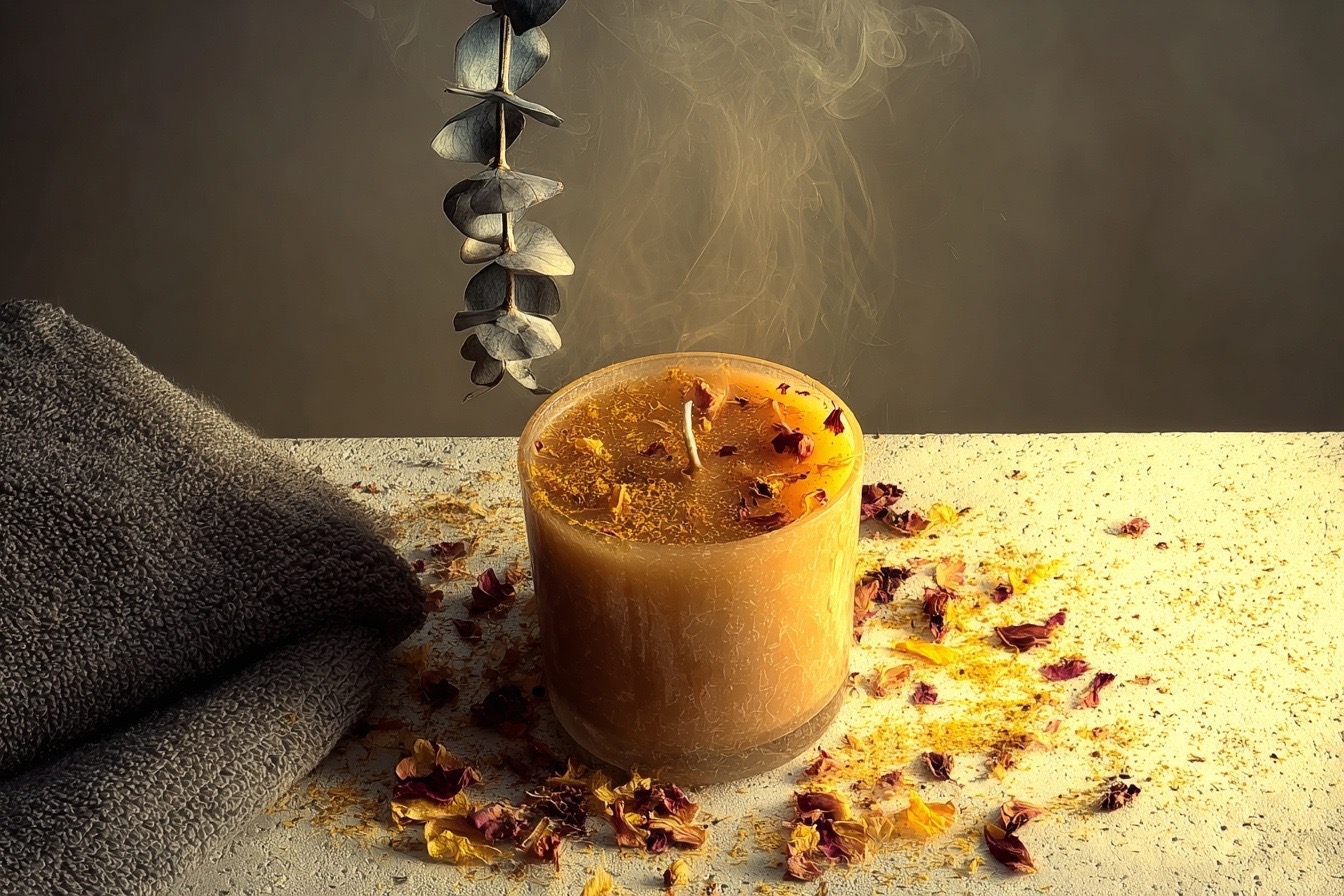 Moody candle scene with eucalyptus and steam rising in soft shadows.